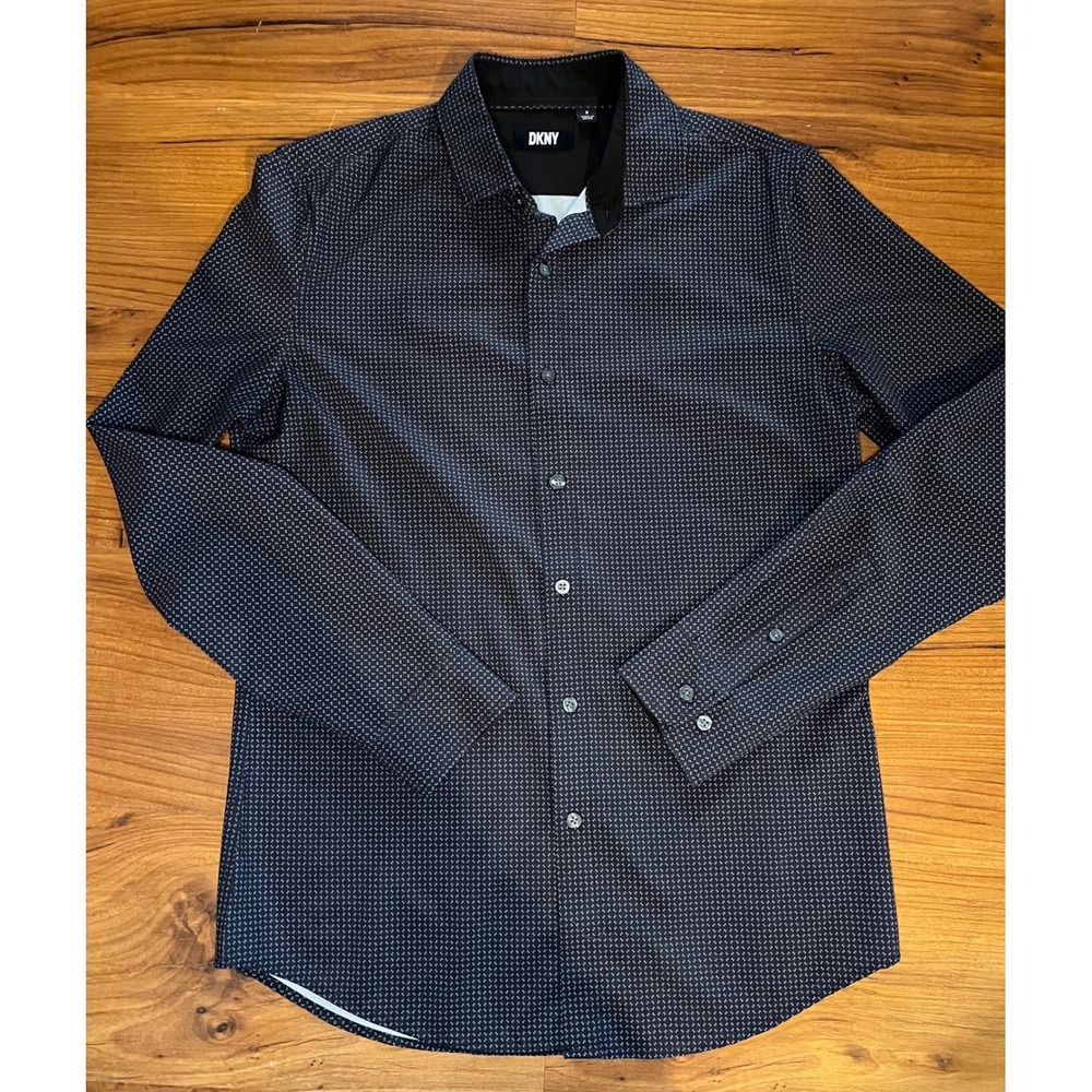 DKNY Mens Small Black White Micro Print Long Sleeve Button Down Stretch Shirt